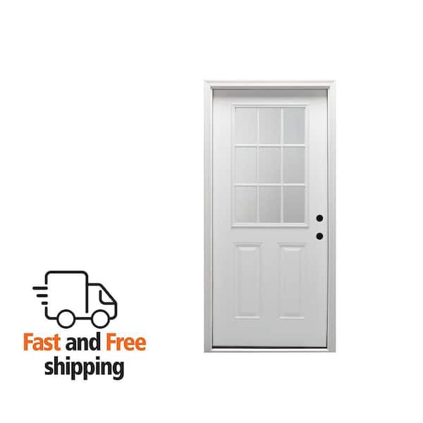 30 in. x 80 in. Left-Hand Inswing 9-Lite Clear Classic External Grilles Primed Fiberglass Smooth Prehung Front Door