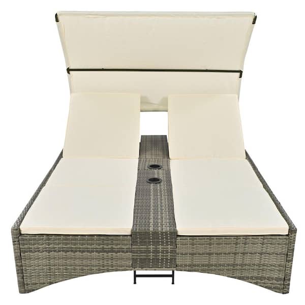 Angel Sar 2-Person Wicker Daybed Outdoor Lounge Chair with Storage Box, Shelter Roof, Adjustable Backrest and Cushion, Cream