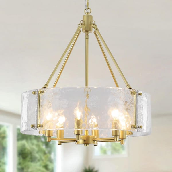 6-Light Gold Candlestick Hanging Foyer Pendant Chandelier Light Fixture with Glass Shade for Kitchen Island