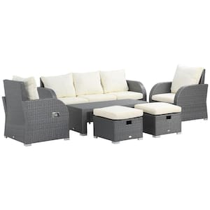 6-Piece PE Wicker Outdoor Rattan Patio Sectional Sofa Patio Conversation Set with Off-White Cushion, 2 Ottoman Footrests