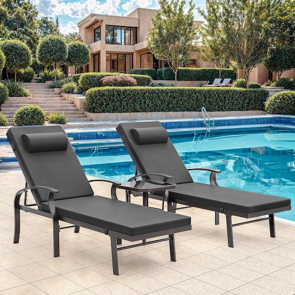 3-Piece Aluminum Outdoor Double-Arm Chaise Lounge Set with Adjustable Backrest, Square Coffee Table, and Black Cushions