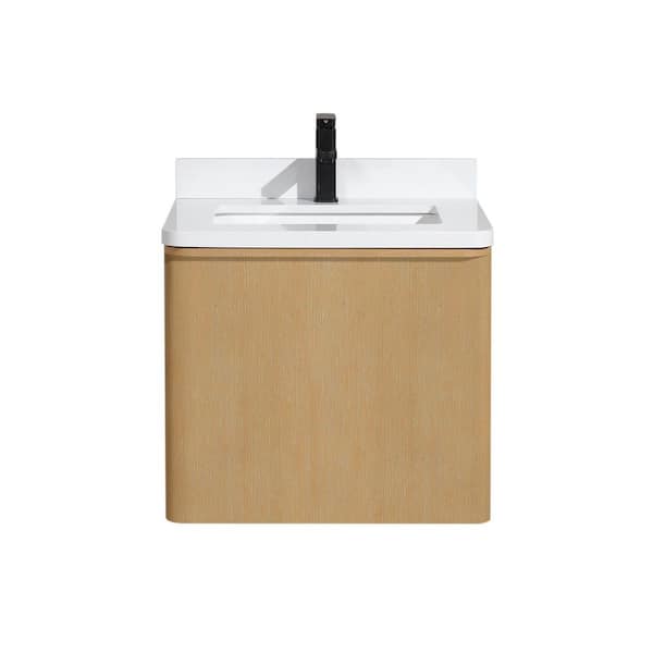 Ari Kitchen and Bath Lucas 24 in. W x 21 in. D x 22 in. H Single Floating Bath Vanity in Oak w/ Engineered Quartz Top in White w/ White Basin