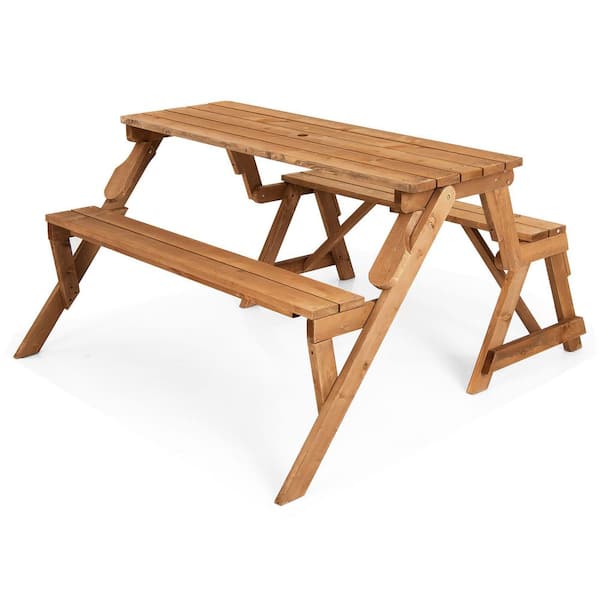 Costway 2-in-1 Transforming Interchangeable Wood Picnic Table Bench with Umbrella Hole