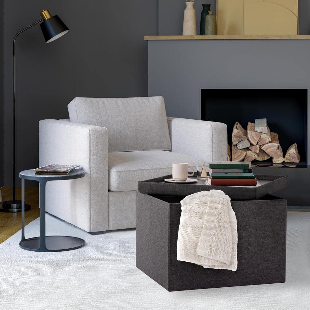 Modern Gray Cushioned Fabric Storage Ottoman with Tray
