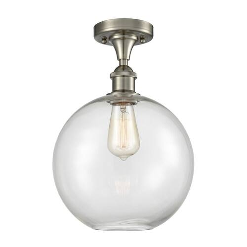 Athens 10 in. 1-Light Satin Nickel Industrial Semi-Flush Mount with Clear Glass Shade Flush Mount Ceiling Lights