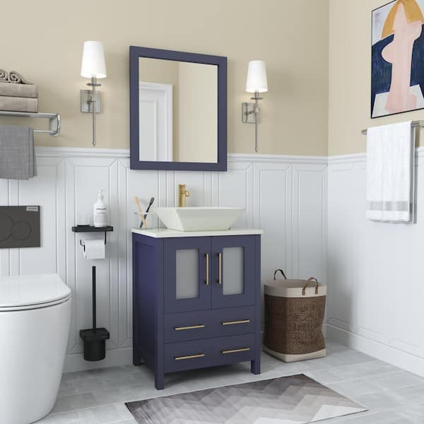Vanity Art Ravenna 24 in. W Single Basin Bathroom Vanity in Blue with White Top in Engineered Marble Top and Mirror