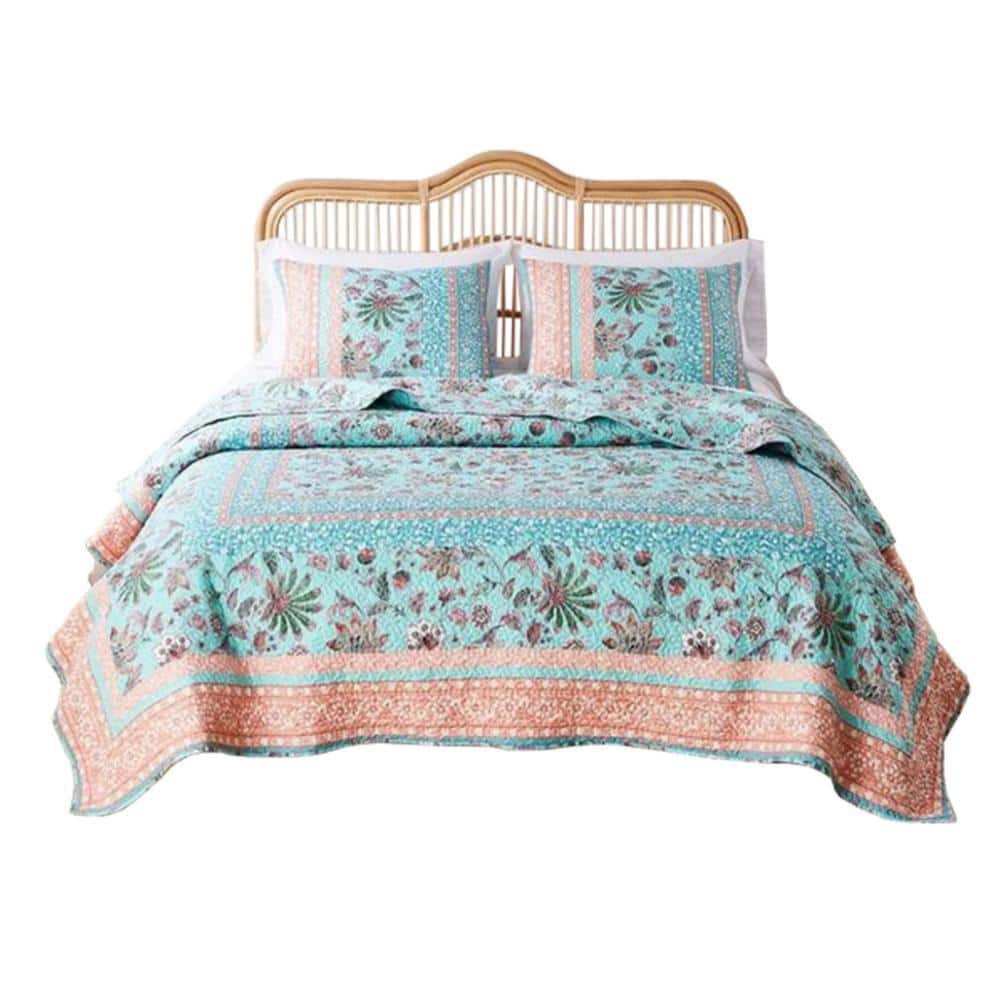 Turquoise and Coral Reversible Full Microfiber Quilt Set