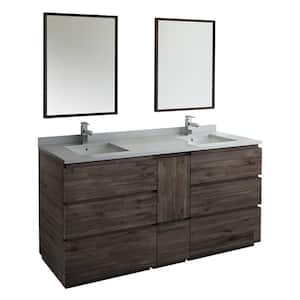 Formosa 72 in. Modern Double Vanity in Warm Gray with Quartz Stone Vanity Top in White with White Basins and Mirrors