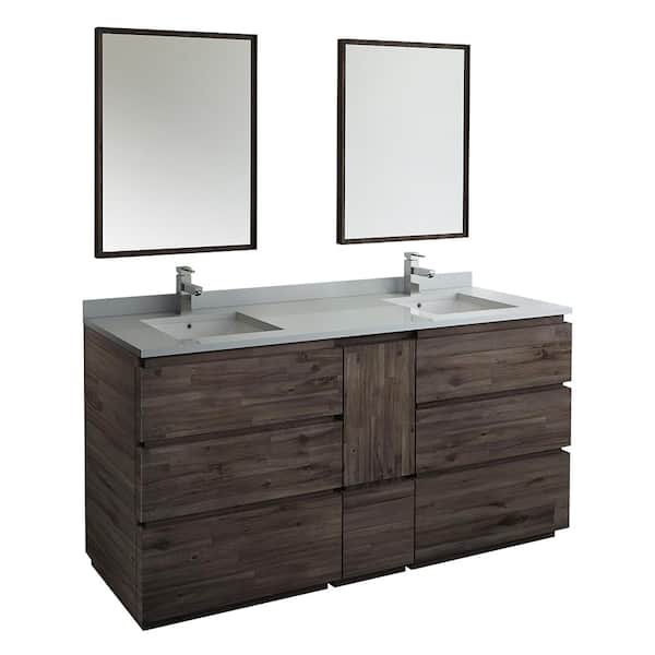 Fresca Formosa 72 in. Double Sink Freestanding Acacia Bath Vanity with White Quartz Top, Undermount Ceramic Sinks and Mirrors