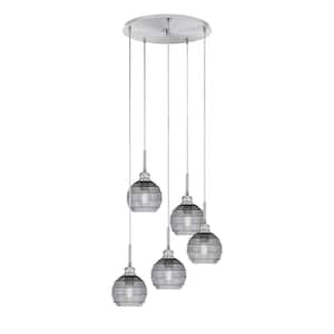 Albany 60-Watt 19 in. 5-Light Brushed Nickel Cord Pendant Light Smoke Ribbed Glass Shade