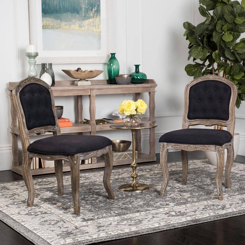 Elegant Black Linen & Rustic Oak French Leg Dining Chair, Set of 2