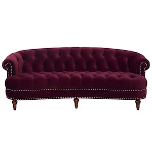 La Rosa 85 in. Round Arm Velvet Curved 3-Seater Chesterfield Sofa with Nailheads in Burgundy