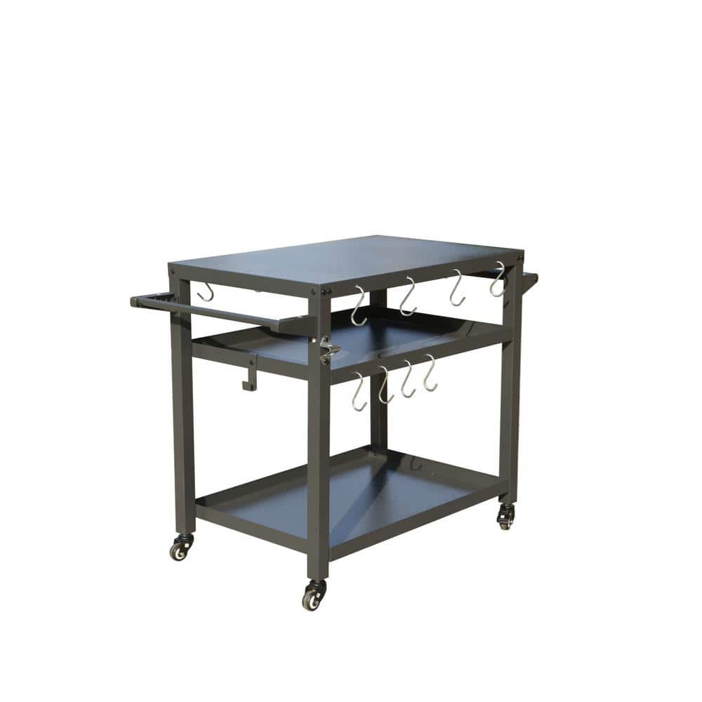 Grey 3-Shelf Outdoor Grill Cart with Wheels, Patio Pizza Oven and Food Prep