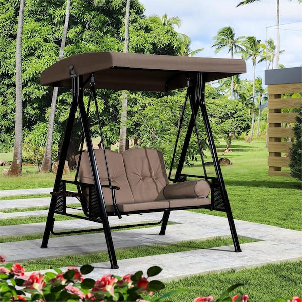 PURPLE LEAF 2-Person Steel Metal Patio Swing with Canopy and Cushions, Beige