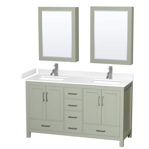Wyndham Collection Sheffield 60 in. W x 22 in. D x 35 in. H Double Bath Vanity in Light Green with White Cultured Marble Top and MC Mirrors