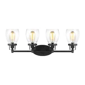 Belton 28.75 in. 4-Light Midnight Black Transitional Industrial Wall Bathroom Vanity Light with Seeded Glass Shades