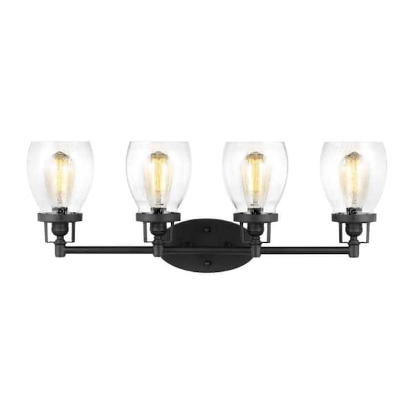 Generation Lighting Belton 28.75 in. 4-Light Midnight Black Transitional Industrial Wall Bathroom Vanity Light with Seeded Glass Shades