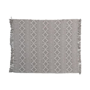 Grey and Natural Recycled Cotton Jacquard Throw Blanket with Diamond Pattern and Fringe