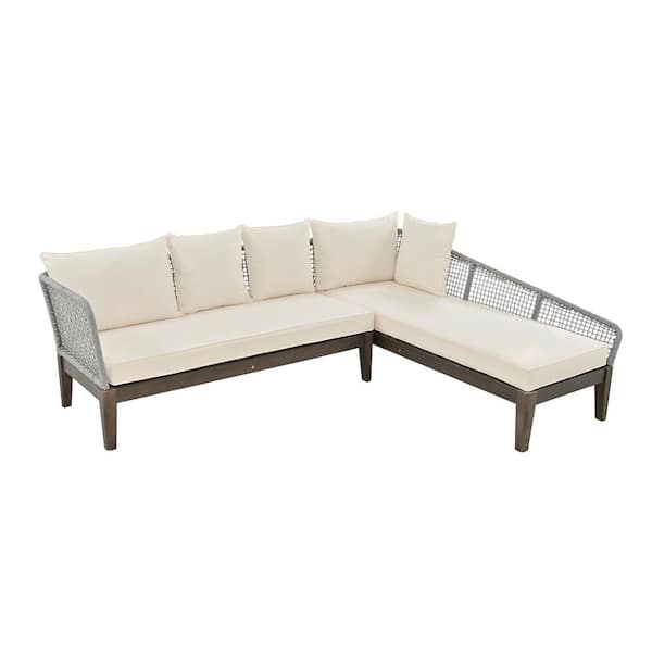 Unbranded Gray Wood Modern 5-Person Outdoor Couch L-Shaped Rope Waved Patio Sofa Set with Cushion in Beige