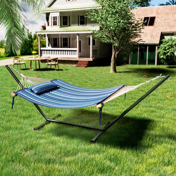 VEIKOUS 12 ft. Quilted 2-Person Hammock Bed with Stand and Detachable Pillow, Blue Stripes