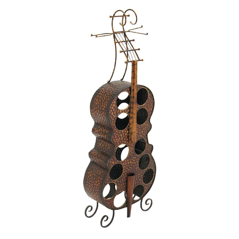 Antique Brass Cello Shaped Metal Wine Rack with Leaf Pattern