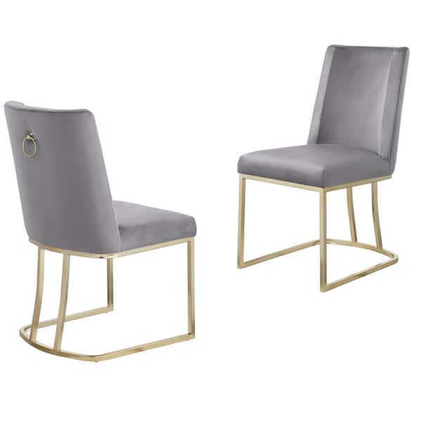 Magic Home Set of 2 Velvet Upolstered Dining Side Chairs with Gold Metal Legs, Gray