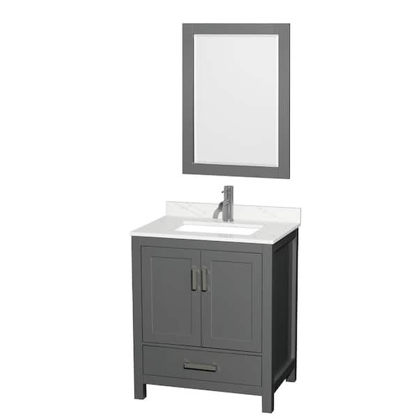 Wyndham Collection Sheffield 30 in. W x 22 in. D x 35 in. H Single Bath Vanity in Dark Gray with Giotto Quartz Top and 24 in. Mirror