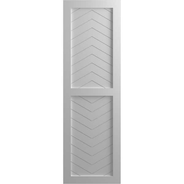 Ekena Millwork 12 in. x 60 in. Flat Panel True Fit PVC Two Panel Chevron Modern Style Fixed Mount Shutters Pair in Primed