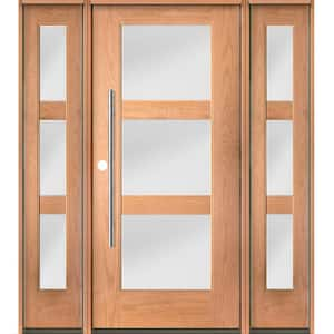 Modern Faux Pivot 64 in. x 80 in. 3-Lite Right-Hand/Inswing Satin Glass Teak Stain Fiberglass Prehung Front Door w/DSL