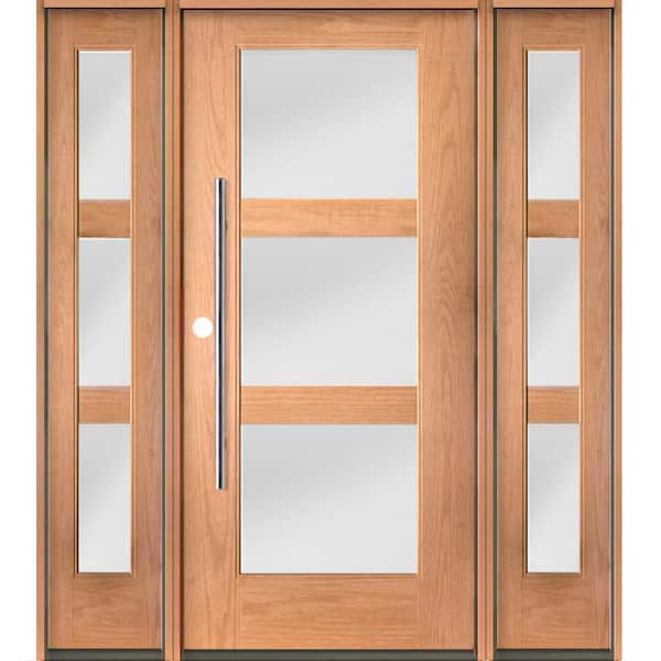 Krosswood Doors Modern Faux Pivot 64 in. x 80 in. 3-Lite Right-Hand/Inswing Satin Glass Teak Stain Fiberglass Prehung Front Door w/DSL