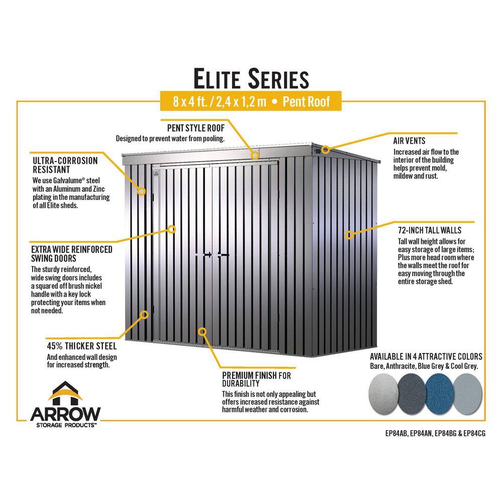 Elite 8 ft x 4 ft Blue Grey Galvanized Steel Storage Shed