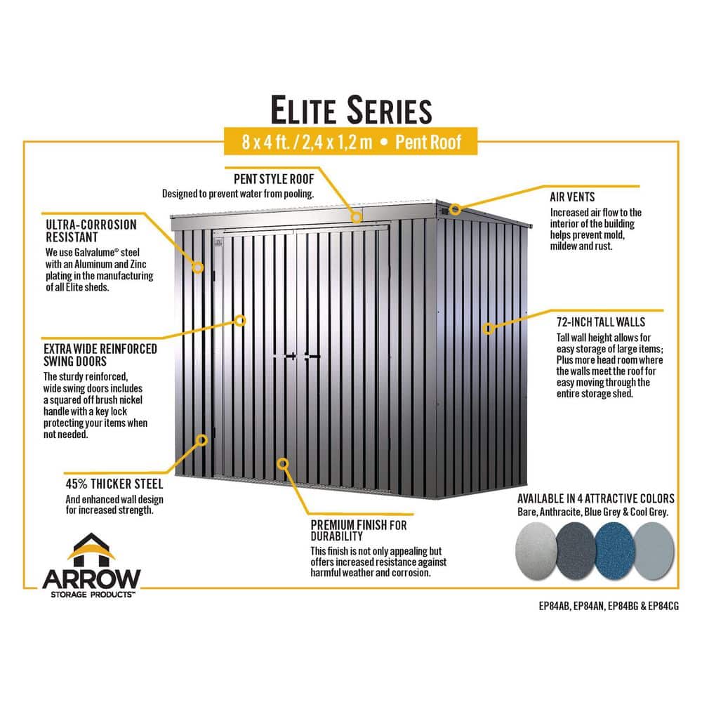 Elite 8 ft. x 4 ft. Anthracite Galvanized Steel Storage Shed