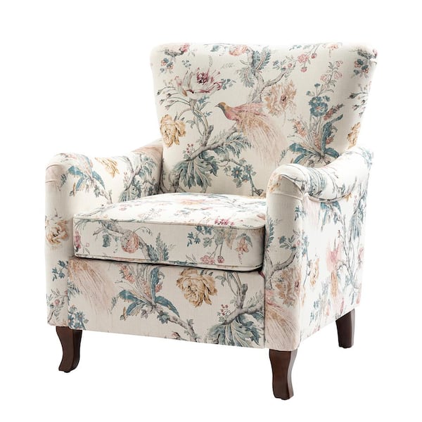 JAYDEN CREATION Vincent Bird Floral Fabric Pattern Wingback Armchair with Solid Wood Legs