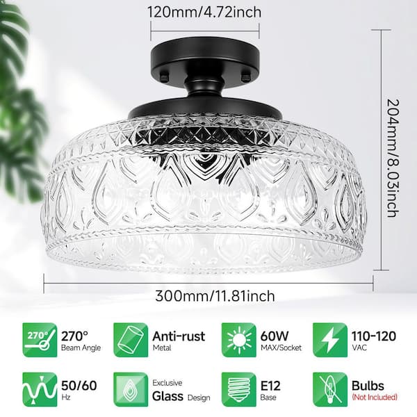 11.81 in Round Matte Black Semi-Flush Mount Ceiling Light with Floral Glass for Kitchen and Entryway (No Bulbs)