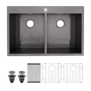 33 in. Drop-in/Top Mount 50/50 Double Bowl 18 Gauge Stainless Steel Kitchen Sink with Bottom Grids