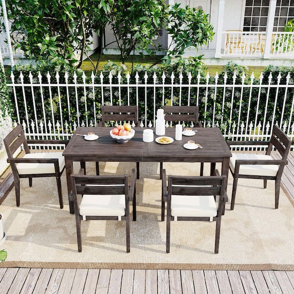 Gray7-Piece acacia Wood Outdoor Dining table and chair Set with Beige waterproof seat Cushions