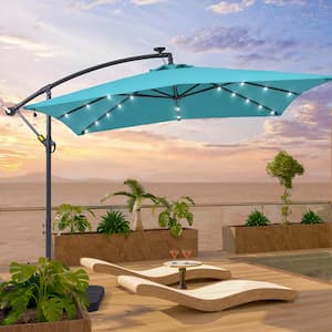 8.2 ft. x 8.2 ft. Patio Offset Cantilever Umbrella With LED Lights, Rectangular Canopy, Steel Pole and Ribs in Lake Blue