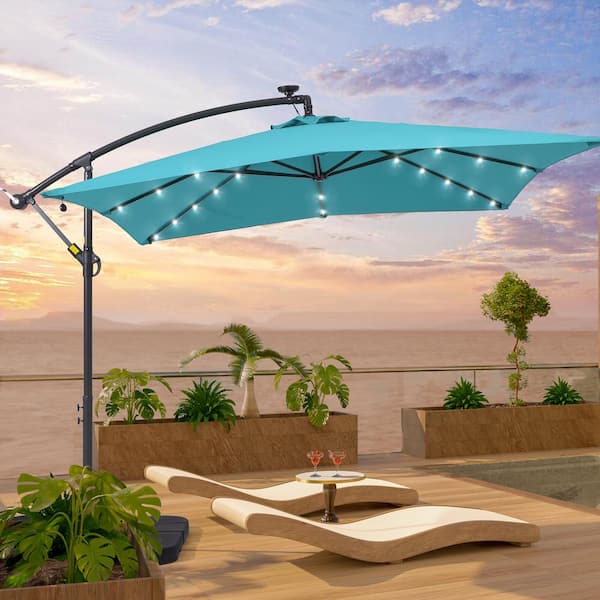 Sonkuki 8.2 ft. x 8.2 ft. Patio Offset Cantilever Umbrella With LED Lights, Rectangular Canopy, Steel Pole and Ribs in Lake Blue