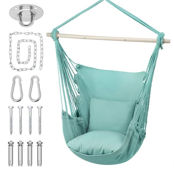 Green Cotton Rope Swing Hammock Chair with Fixed Kit and Cushion