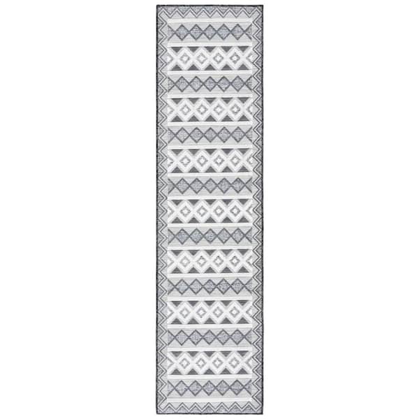 Cabana Black/Gray Ivory 2 ft. x 8 ft. High-Low Striped Diamond Indoor/Outdoor Runner Rug