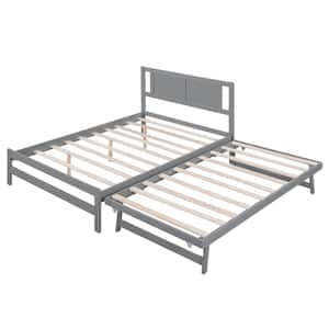 Gray Wood Frame Full Size Platform Bed with Adjustable Pop-up Trundle Full Bed Frame with Headboard No Box Spring Needed