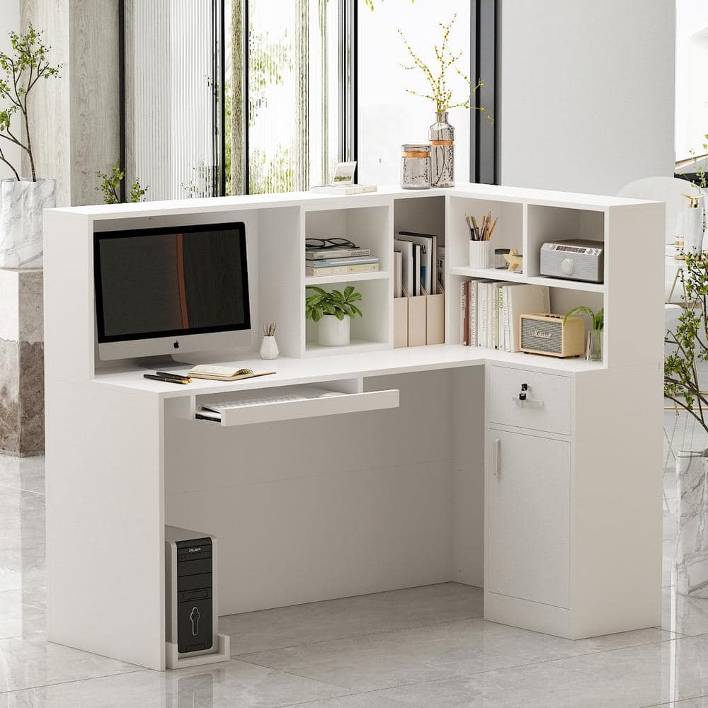 Wierook Aanhoudend betreuren FUFU&GAGA 55.9 in. L Shaped White Wood Computer Desk with 5 Shelves, Drawer  and Cabinet Writing Table Workstation Reception Desk WFKF210088-01 - The  Home Depot