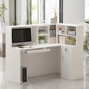 55.9 in. L Shaped White Wood Computer Desk with 5 Shelves, Drawer and Cabinet Writing Table Workstation Reception Desk
