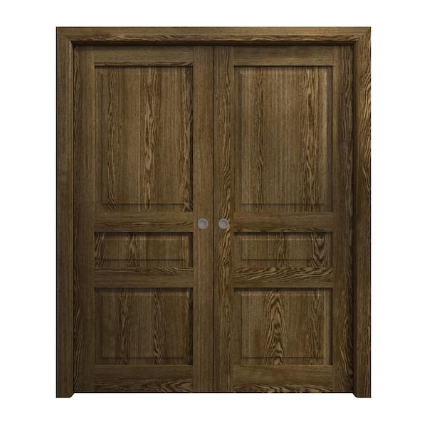 64 in. x 80 in. Marble Oak Solid Wood Double Pocket Doors with Hardware