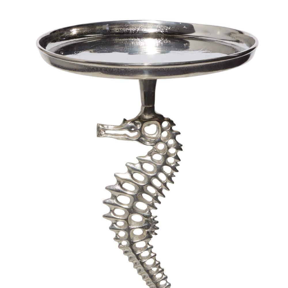 Coastal Charm Seahorse Pedestal Accent Table in Silver Aluminum