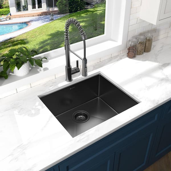 23 in. Undermount Single Bowl 18 Gauge Gunmetal Black Stainless Steel Kitchen Sink with Black Spring Neck Faucet