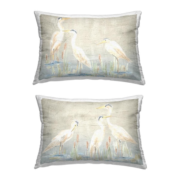 Nautical Heron Birds Beige Rectangular Outdoor Throw Pillow 2-Pack
