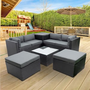 6-Piece Patio Rattan Wicker Outdoor Furniture Conversation Sofa Set with Storage Box Removeable Gray Cushions