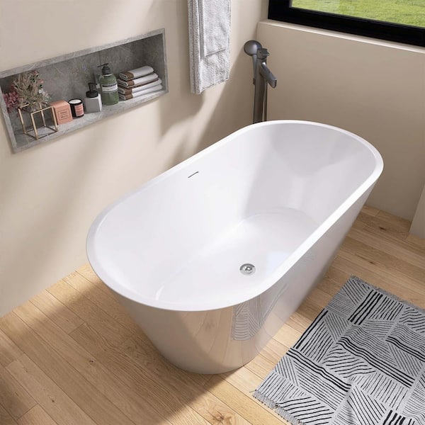 Magic Home 63 in. Anti-Clogging Acrylic Flatbottom Freestanding Non Whirlpool Soaking Bathtub with Drain, White