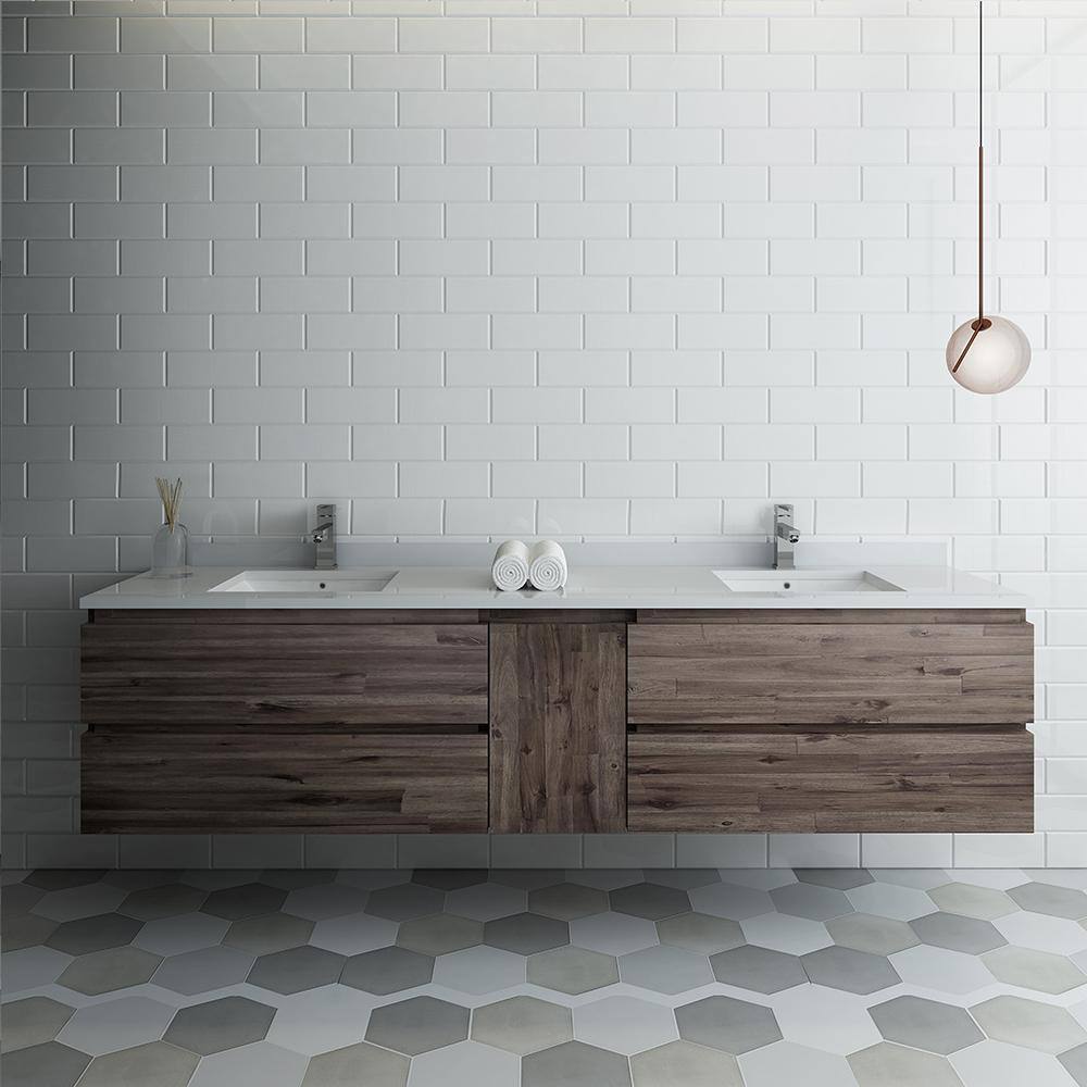 Formosa 84" Acacia Wood Wall-Mounted Double Sink Vanity with Quartz Top